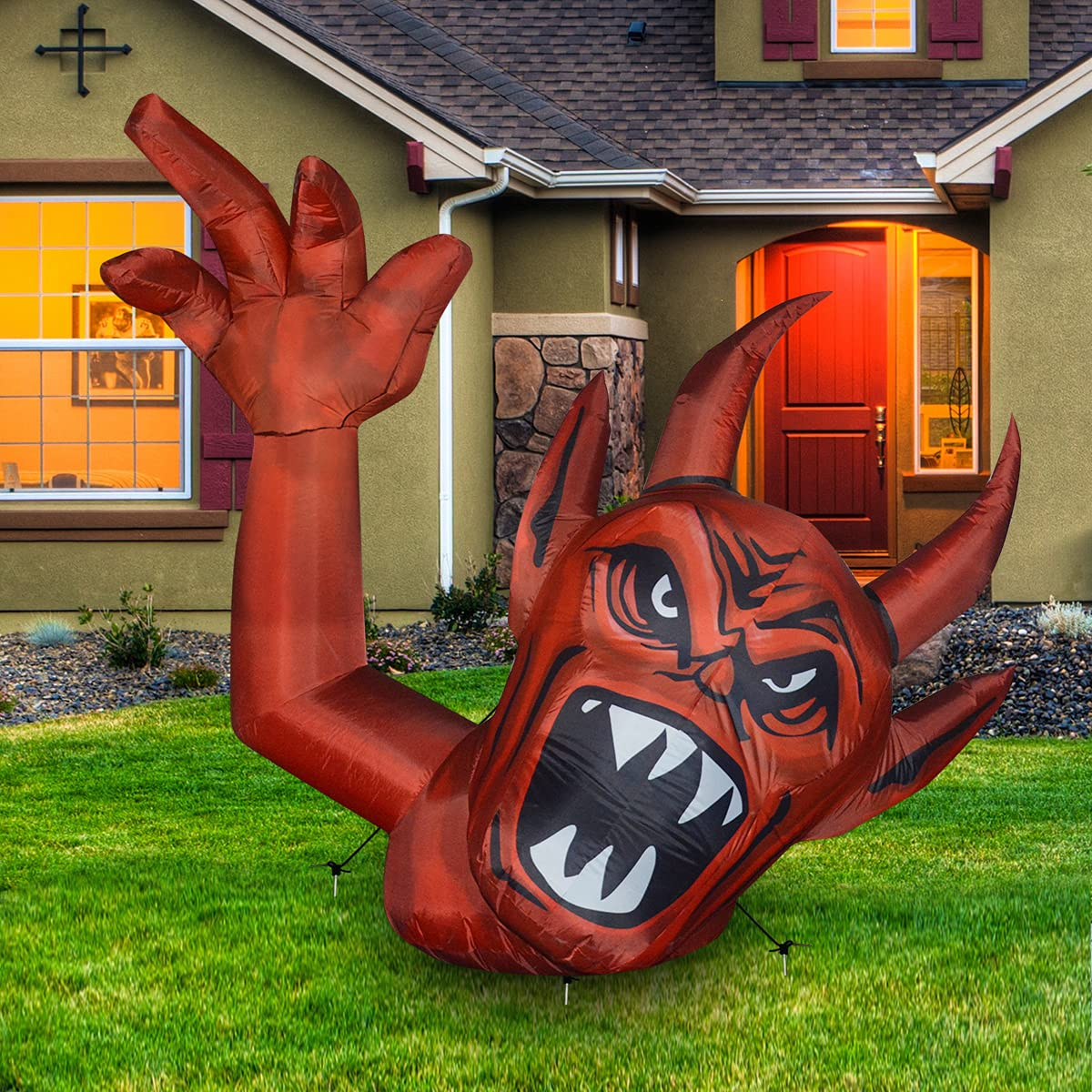 5FT Inflatable Halloween Red Devil – LED Blow-Up Decoration with Raised Hands for Garden, Lawn, and Indoor Displays