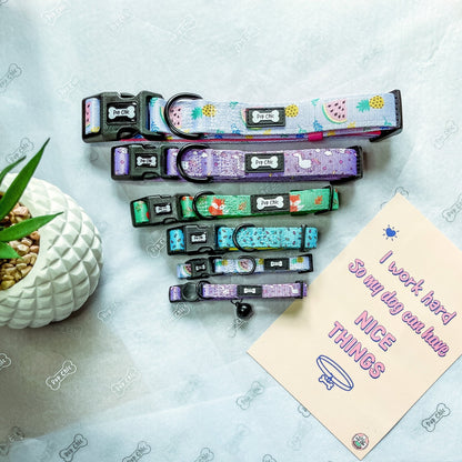 Inquisitive Fox adjustable dog collars in rust‑orange fox print, available in standard and tactical styles