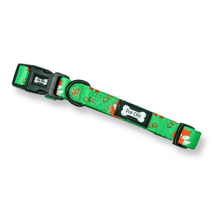 Inquisitive Fox adjustable dog collars in rust‑orange fox print, available in standard and tactical styles