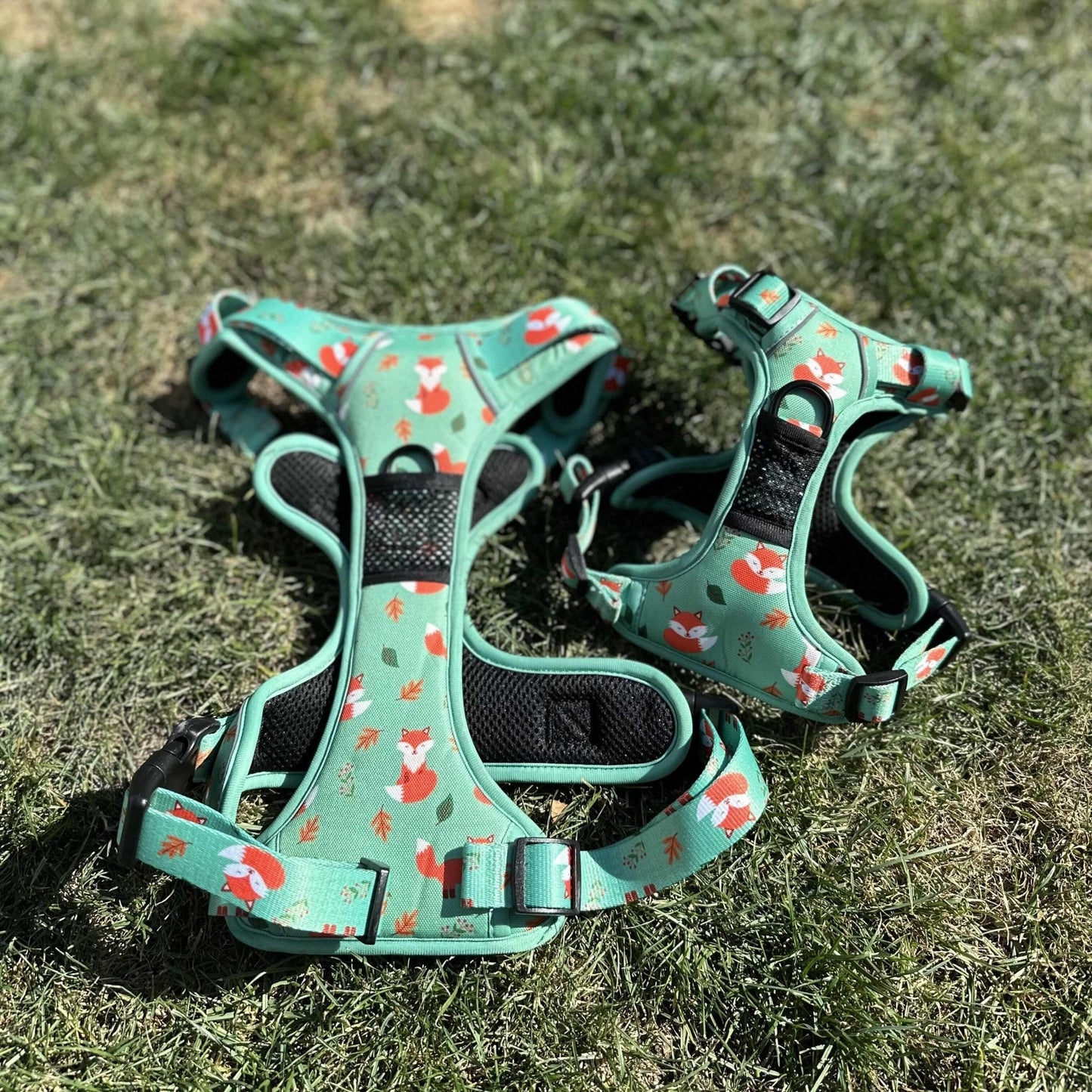 Inquisitive Fox tactical dog harness, rust‑orange woodland fox print, no‑pull design with top handle