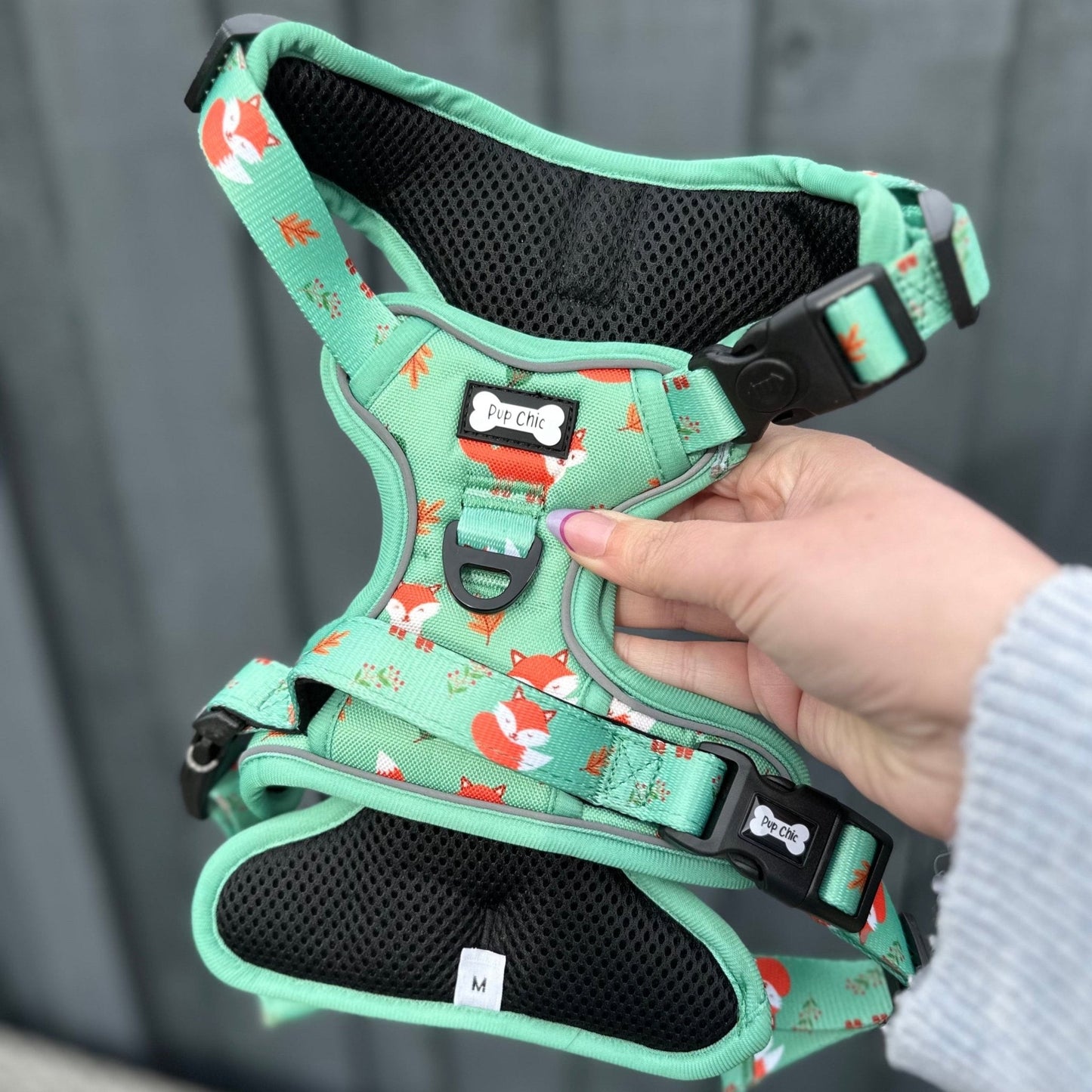 Inquisitive Fox tactical dog harness, rust‑orange woodland fox print, no‑pull design with top handle