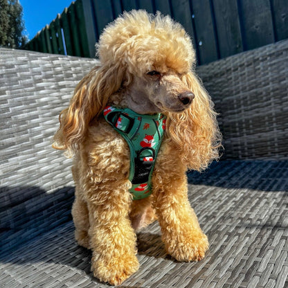 Inquisitive Fox tactical dog harness, rust‑orange woodland fox print, no‑pull design with top handle