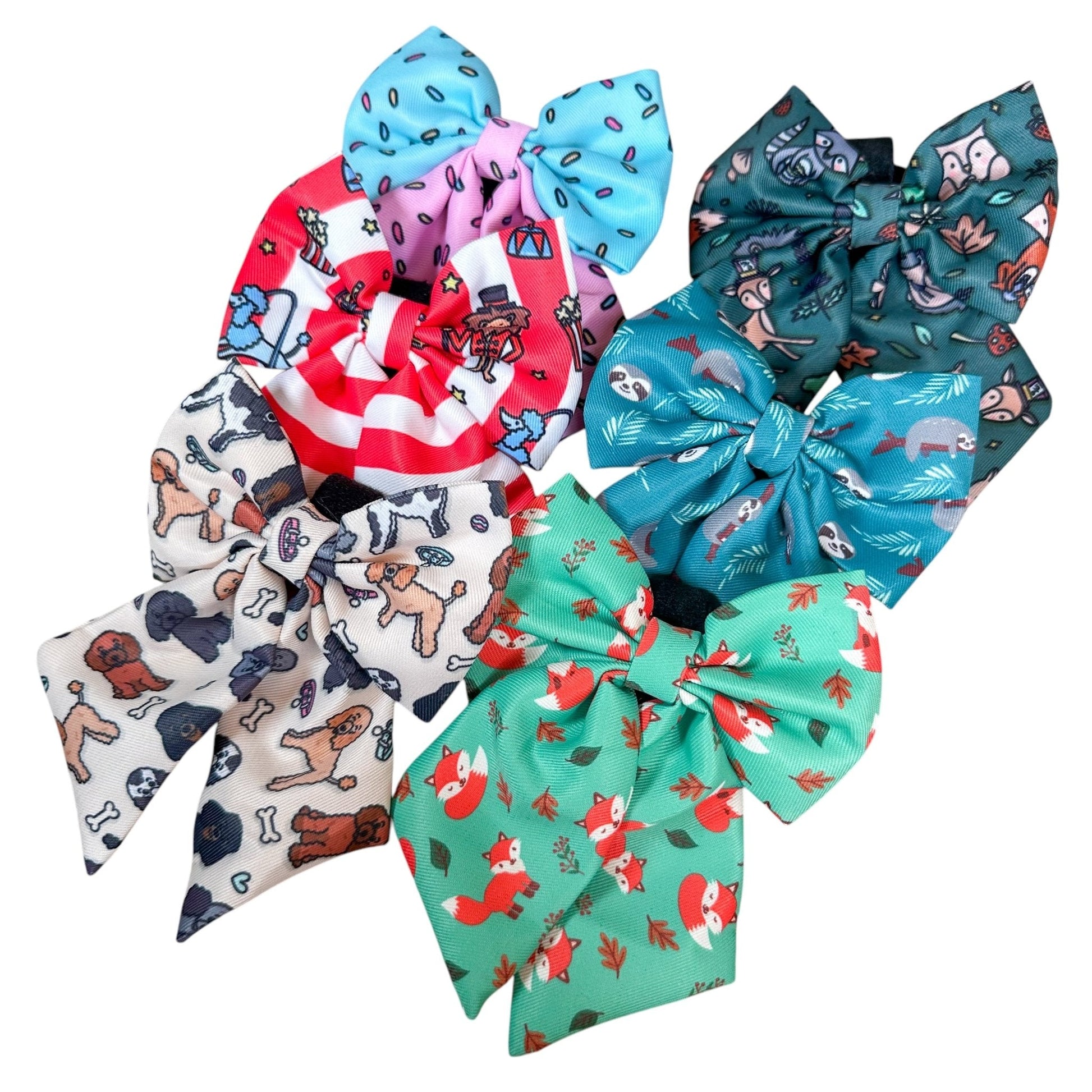 Inquisitive Fox sailor bow tie, teal background with sloth print, Velcro fastening for collars & harnesses