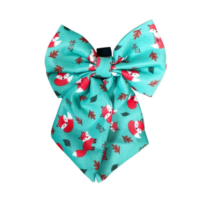 Inquisitive Fox sailor bow tie, teal background with sloth print, Velcro fastening for collars & harnesses