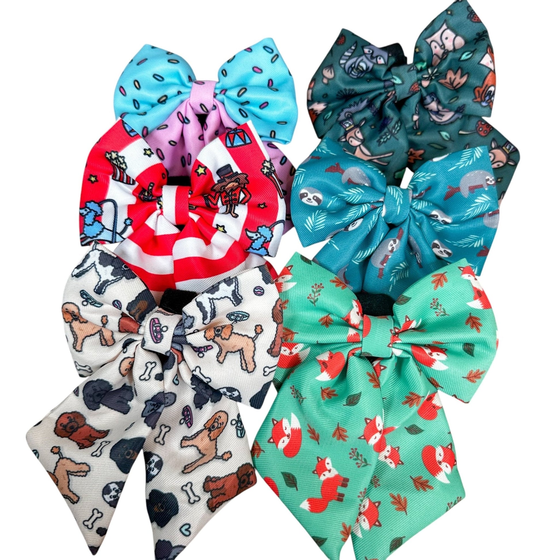 Inquisitive Fox sailor bow tie, teal background with sloth print, Velcro fastening for collars & harnesses