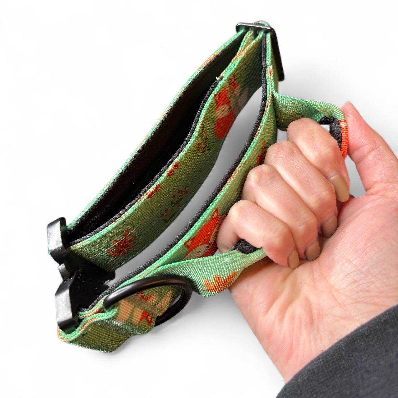 Inquisitive Fox tactical dog collar, rust‑orange woodland fox print, 3.8cm wide durable design for medium & large dogs