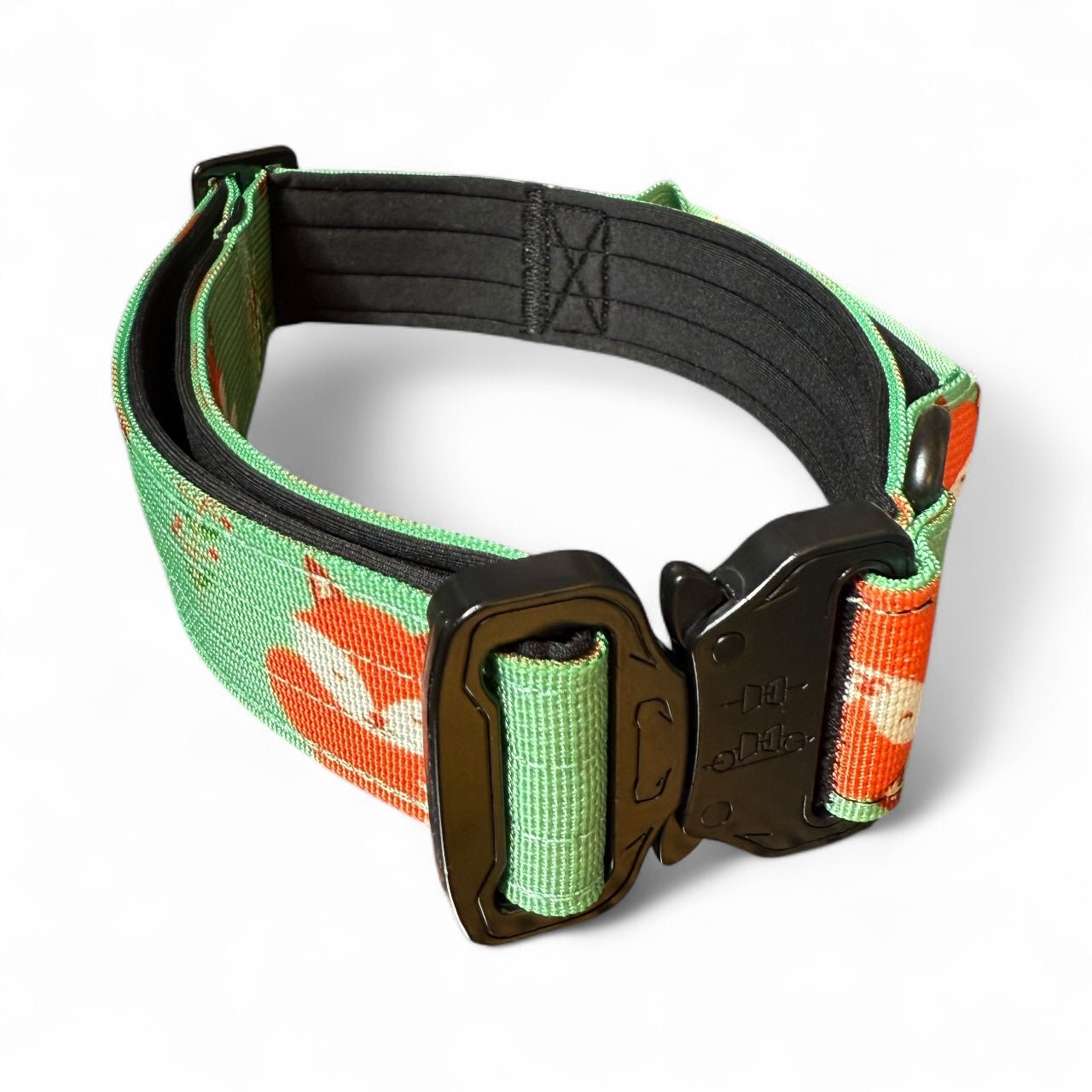 Inquisitive Fox adjustable dog collars in rust‑orange fox print, available in standard and tactical styles
