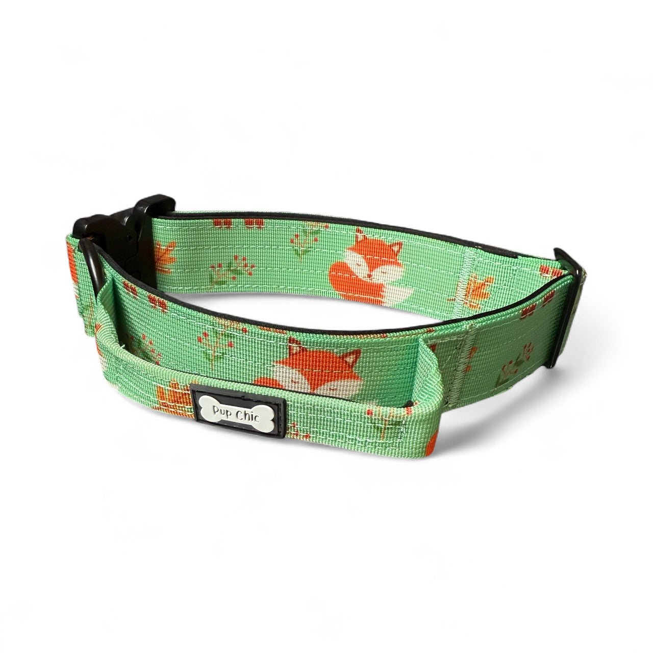 Inquisitive Fox tactical dog collar, rust‑orange woodland fox print, 3.8cm wide durable design for medium & large dogs