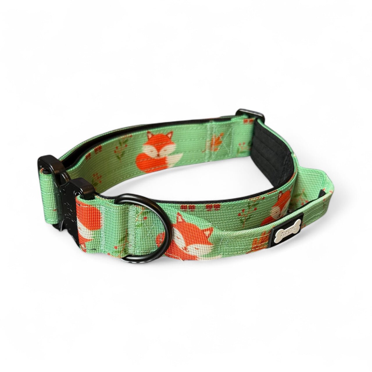 Inquisitive Fox tactical dog collar, rust‑orange woodland fox print, 3.8cm wide durable design for medium & large dogs