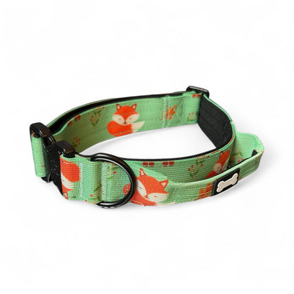 Inquisitive Fox tactical dog collar, rust‑orange woodland fox print, 3.8cm wide durable design for medium & large dogs