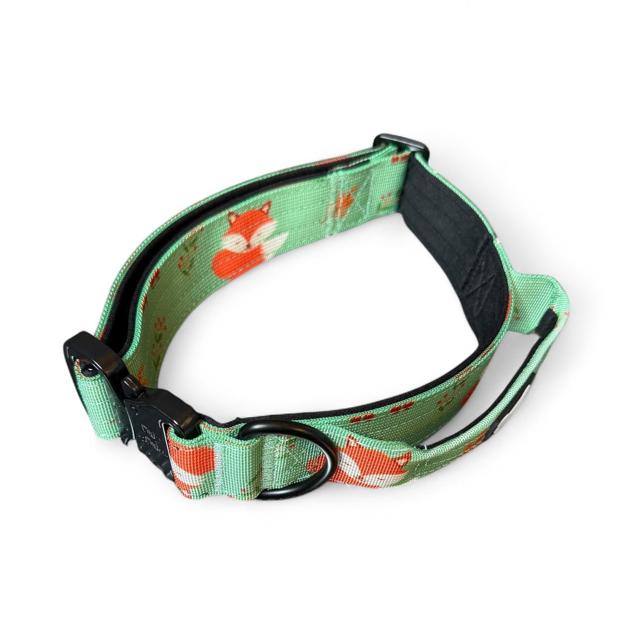 Inquisitive Fox tactical dog collar, rust‑orange woodland fox print, 3.8cm wide durable design for medium & large dogs