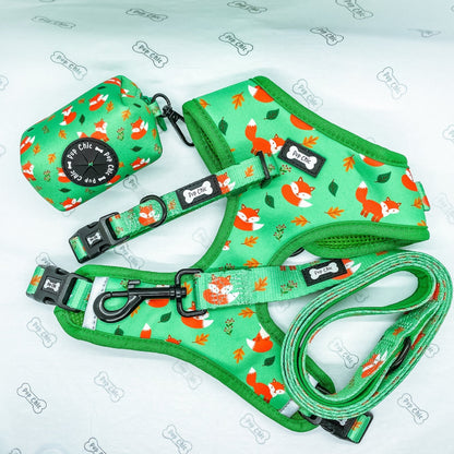 Inquisitive Fox XXS puppy harness, sage green woodland fox print, lightweight padded design for toy breeds