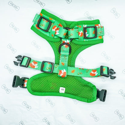 Inquisitive Fox XXS puppy harness, sage green woodland fox print, lightweight padded design for toy breeds