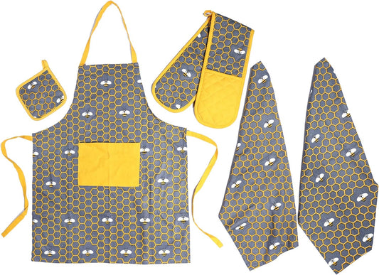 Kitchen Sets Apron Double Oven Gloves Towel Set Heat Resistant Oven Mitts Pot Holder for Home Kitchen Baking and Cooking Pack of 5 by OLIVIA ROCCO