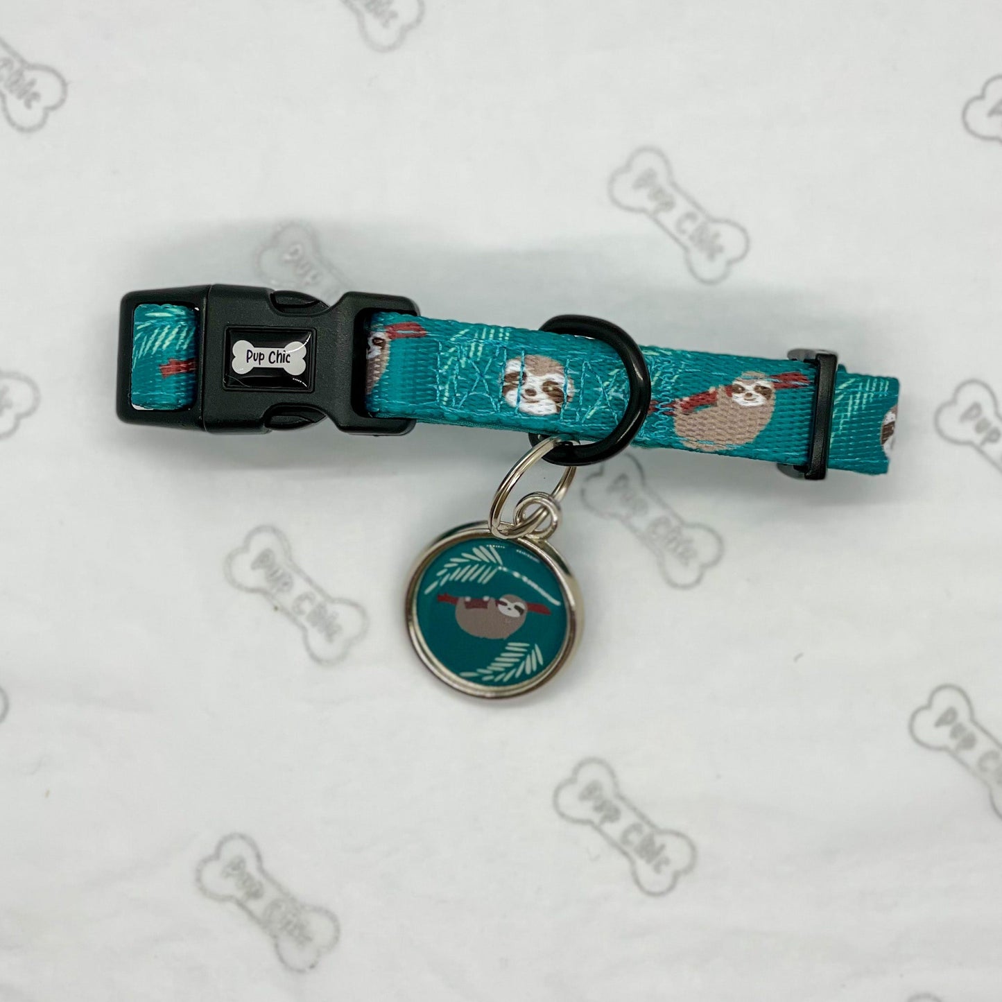 Lazy Sloth dog collars, mint green with sloth illustrations, adjustable standard & tactical styles for all breeds