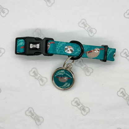 Lazy Sloth dog collars, mint green with sloth illustrations, adjustable standard & tactical styles for all breeds