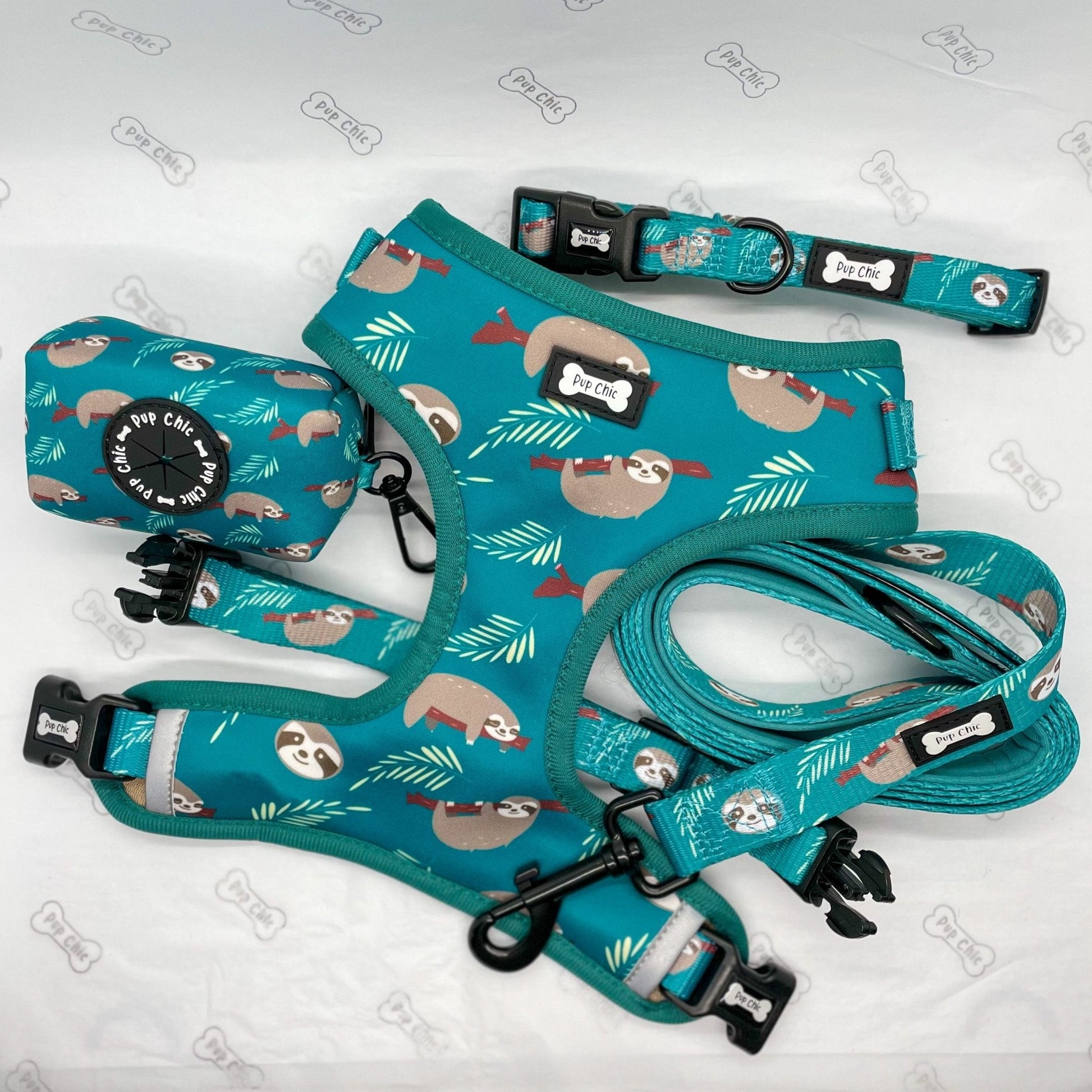 Lazy Sloth dog collars, mint green with sloth illustrations, adjustable standard & tactical styles for all breeds