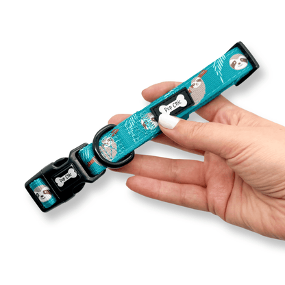 Lazy Sloth dog collars, mint green with sloth illustrations, adjustable standard & tactical styles for all breeds