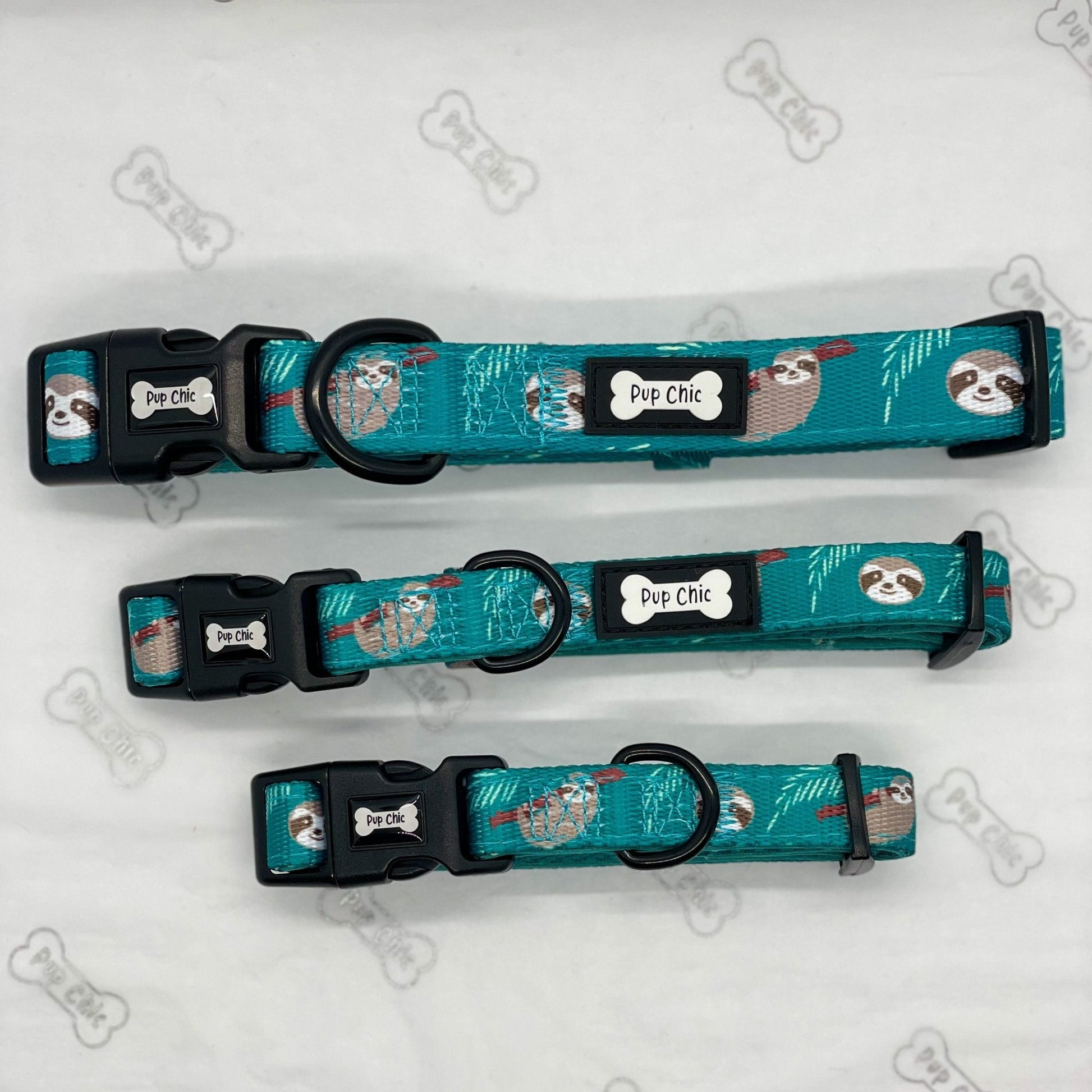 Lazy Sloth dog collars, mint green with sloth illustrations, adjustable standard & tactical styles for all breeds