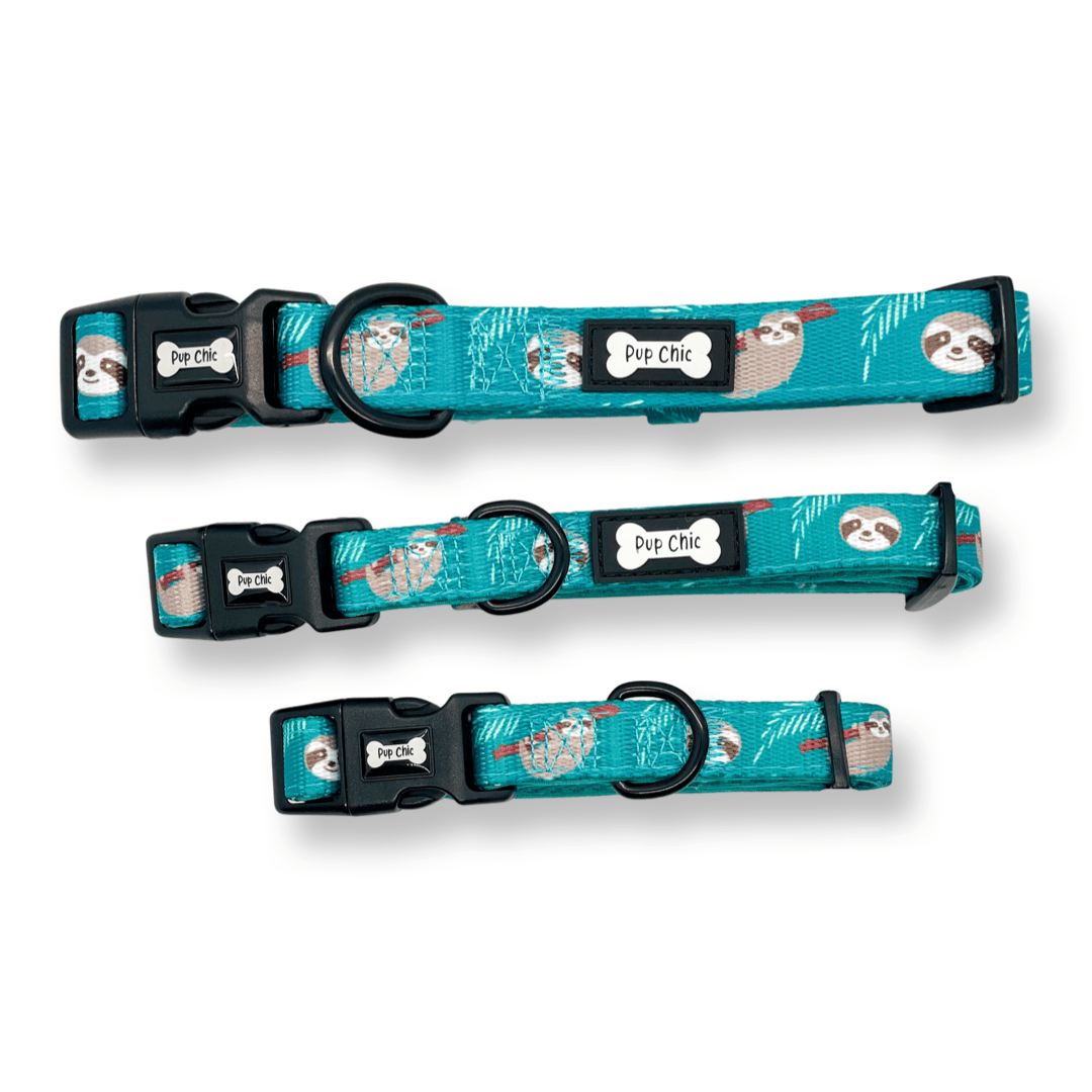 Lazy Sloth dog collars, mint green with sloth illustrations, adjustable standard & tactical styles for all breeds