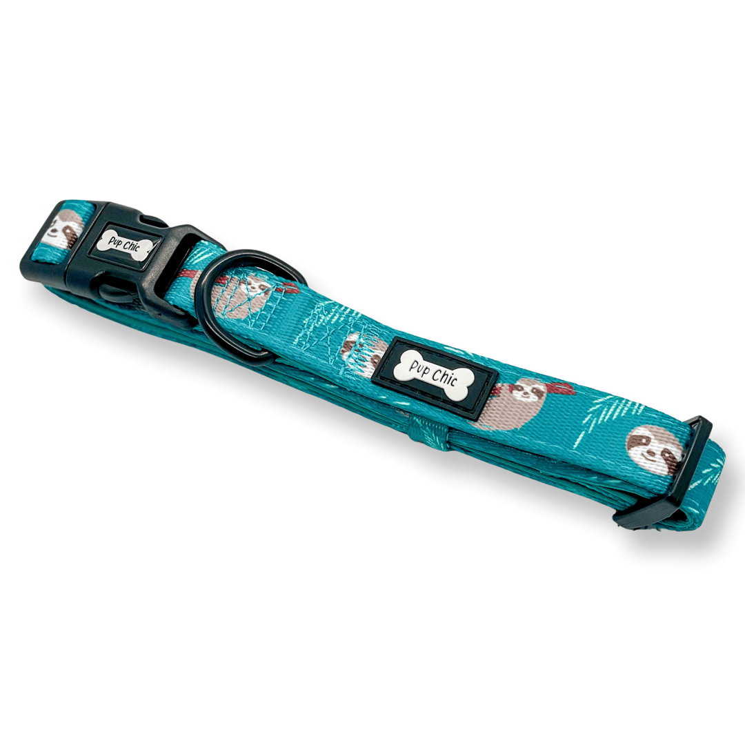 Lazy Sloth dog collars, mint green with sloth illustrations, adjustable standard & tactical styles for all breeds