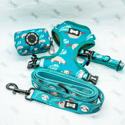 Lazy Sloth dog collars, mint green with sloth illustrations, adjustable standard & tactical styles for all breeds