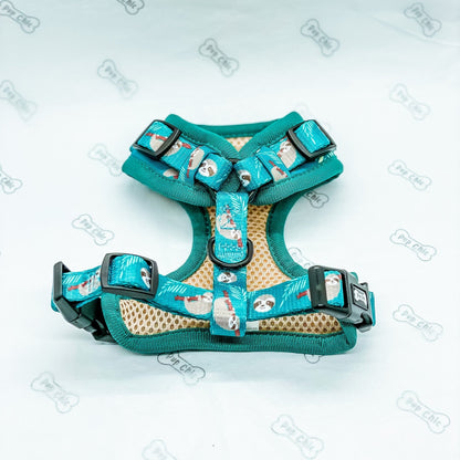 Lazy Sloth XXS puppy harness in teal with sloth print, adjustable straps for toy breeds