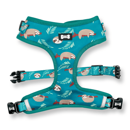 Lazy Sloth XXS puppy harness in teal with sloth print, adjustable straps for toy breeds