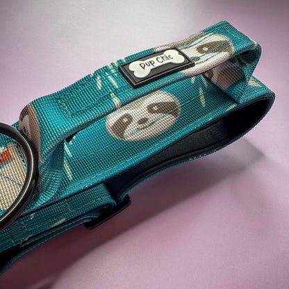 Lazy Sloth tactical dog collar in mint green with sloth print, 5cm wide, heavy‑duty buckle for large breeds