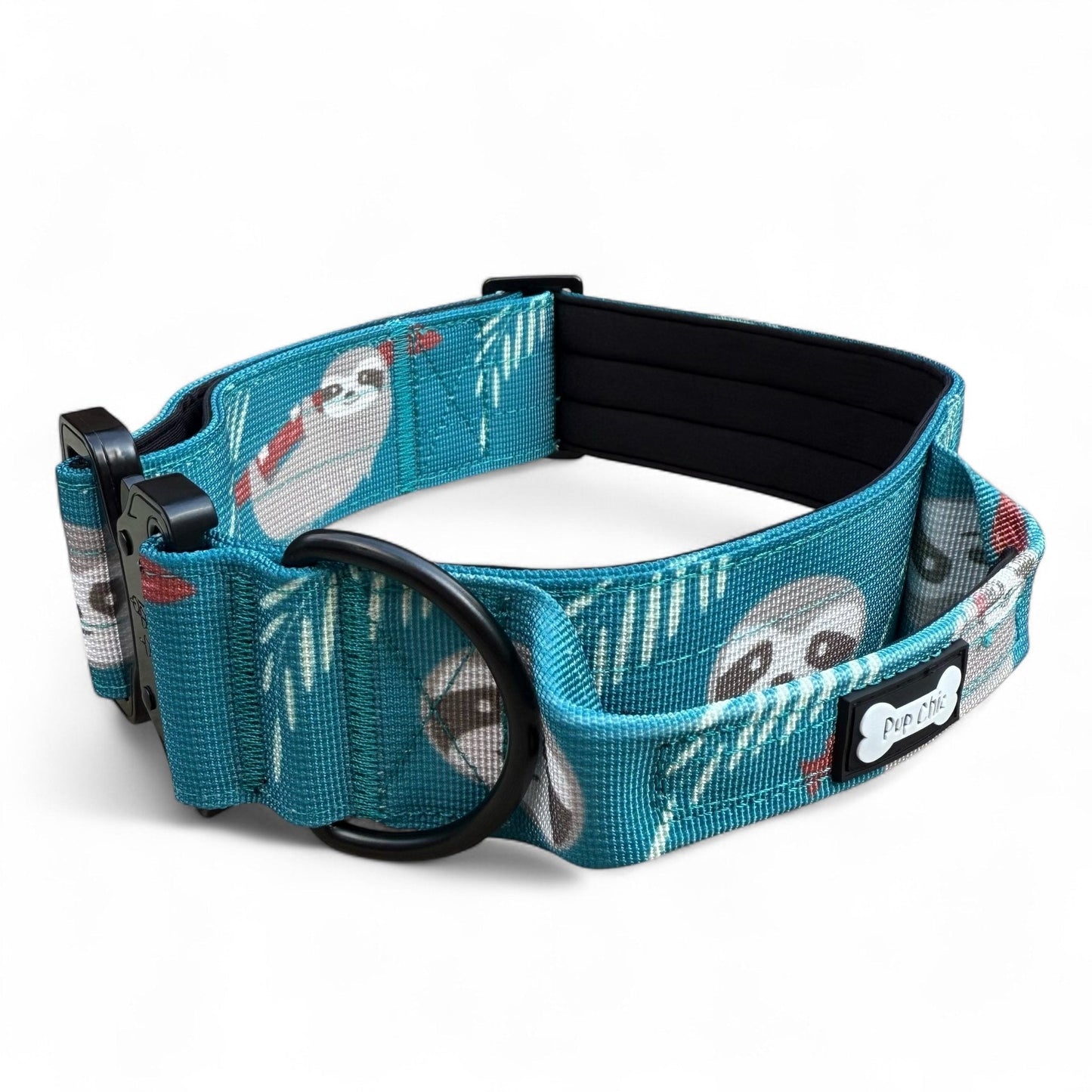 Lazy Sloth tactical dog collar in mint green with sloth print, 5cm wide, heavy‑duty buckle for large breeds