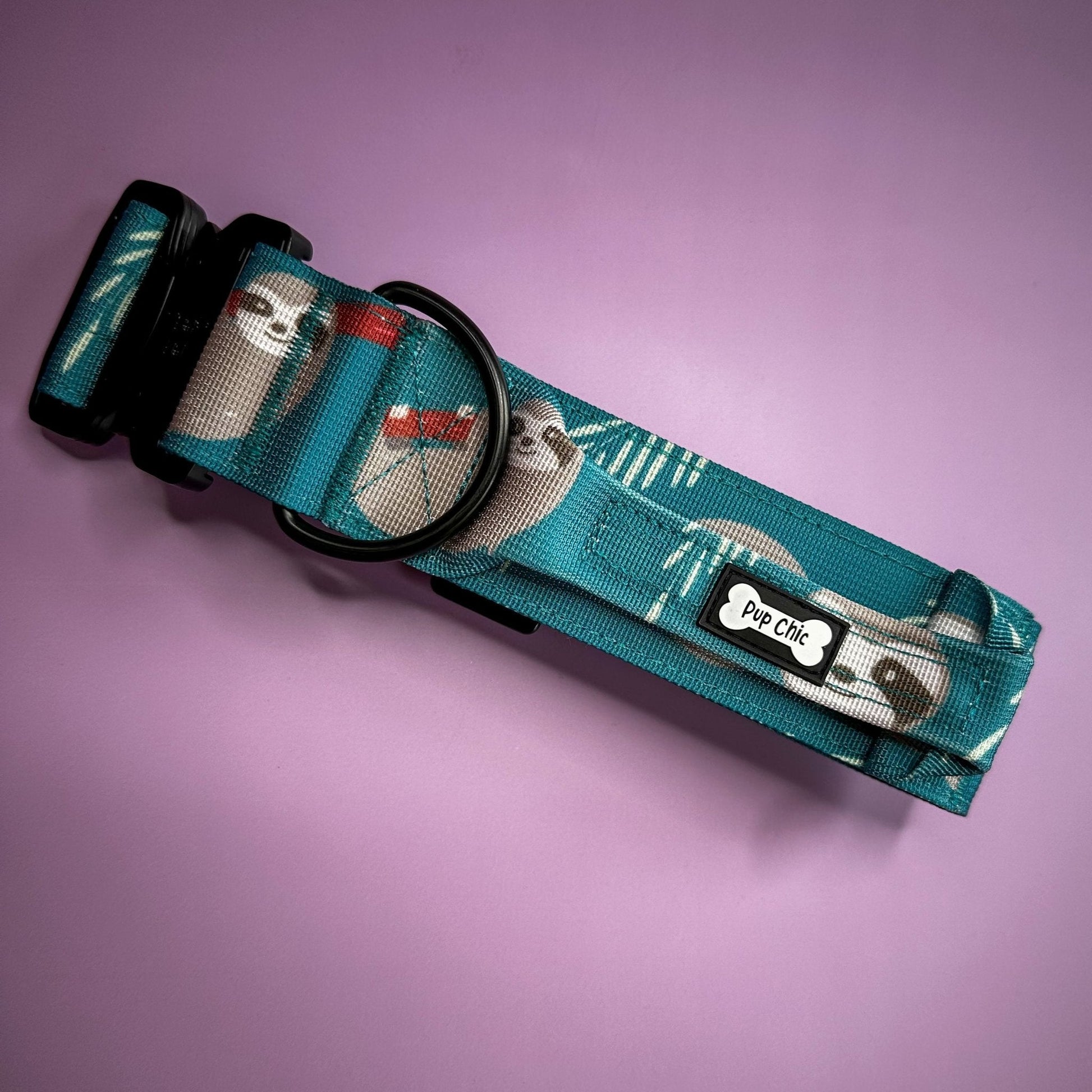 Lazy Sloth tactical dog collar in mint green with sloth print, 5cm wide, heavy‑duty buckle for large breeds