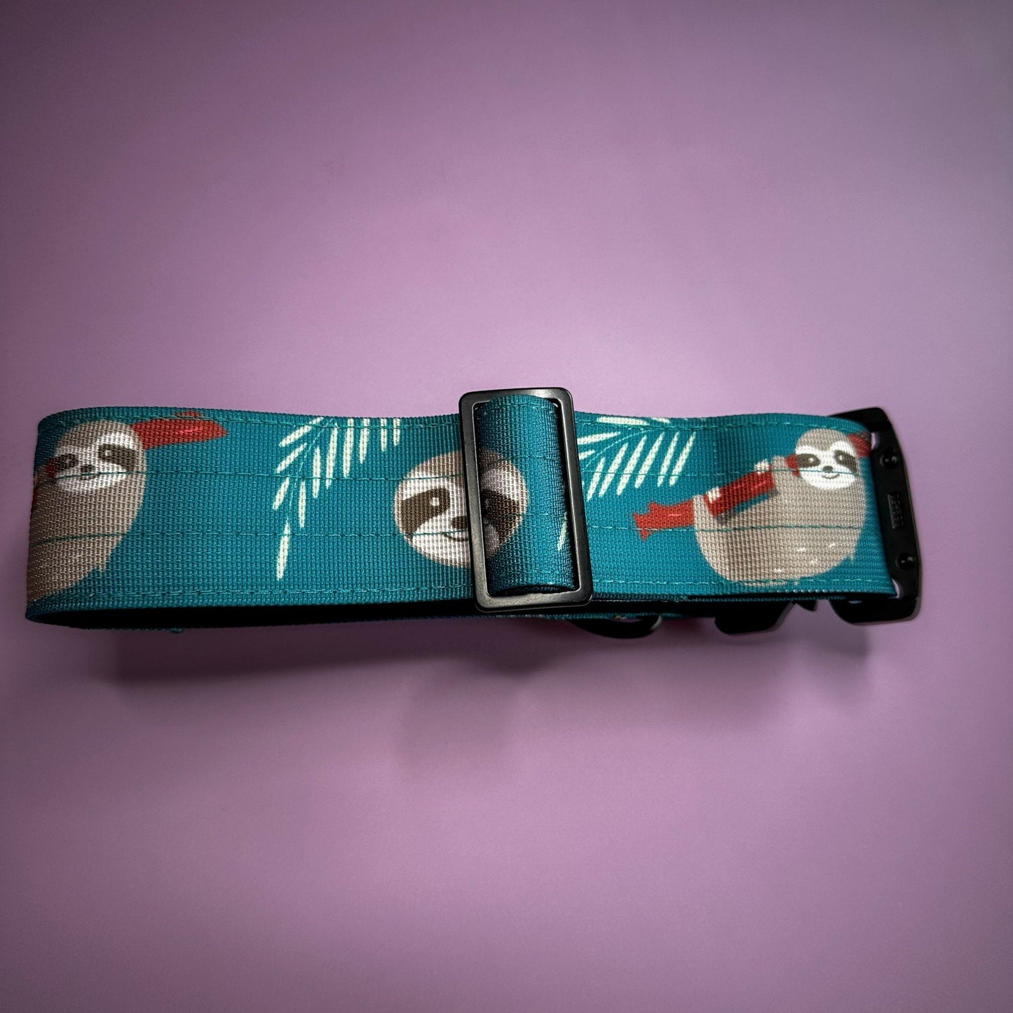 Lazy Sloth tactical dog collar in mint green with sloth print, 5cm wide, heavy‑duty buckle for large breeds