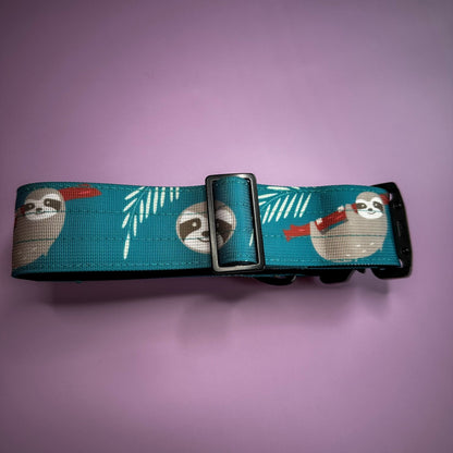 Lazy Sloth tactical dog collar in mint green with sloth print, 5cm wide, heavy‑duty buckle for large breeds