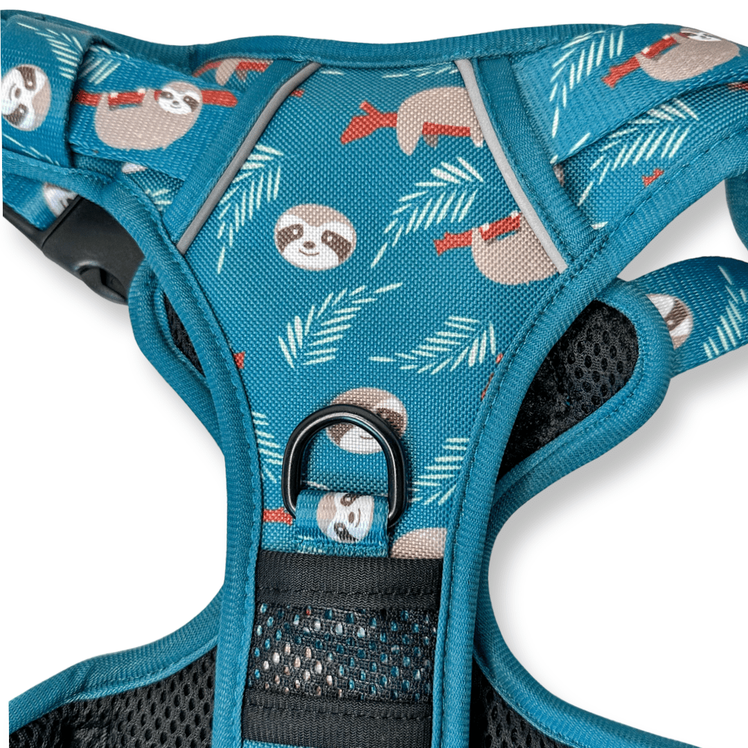 Lazy Sloth tactical dog harness in mint green with sloth print, no‑pull design and top handle