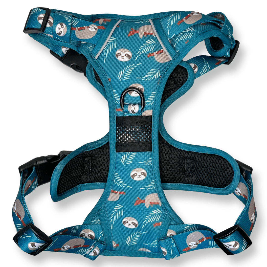 Lazy Sloth tactical dog harness in mint green with sloth print, no‑pull design and top handle