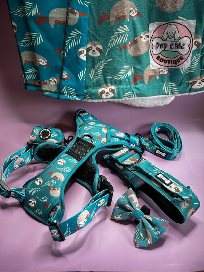 Lazy Sloth tactical dog harness in mint green with sloth print, no‑pull design and top handle
