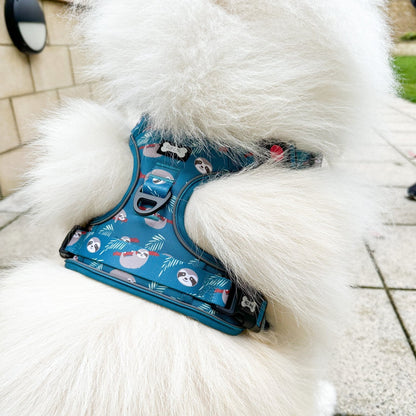 Lazy Sloth tactical dog harness in mint green with sloth print, no‑pull design and top handle