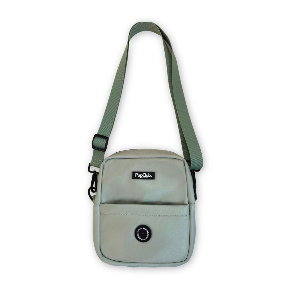 Mini dog walking bag in sage green waterproof nylon, crossbody design with zip compartments & poo bag dispenser