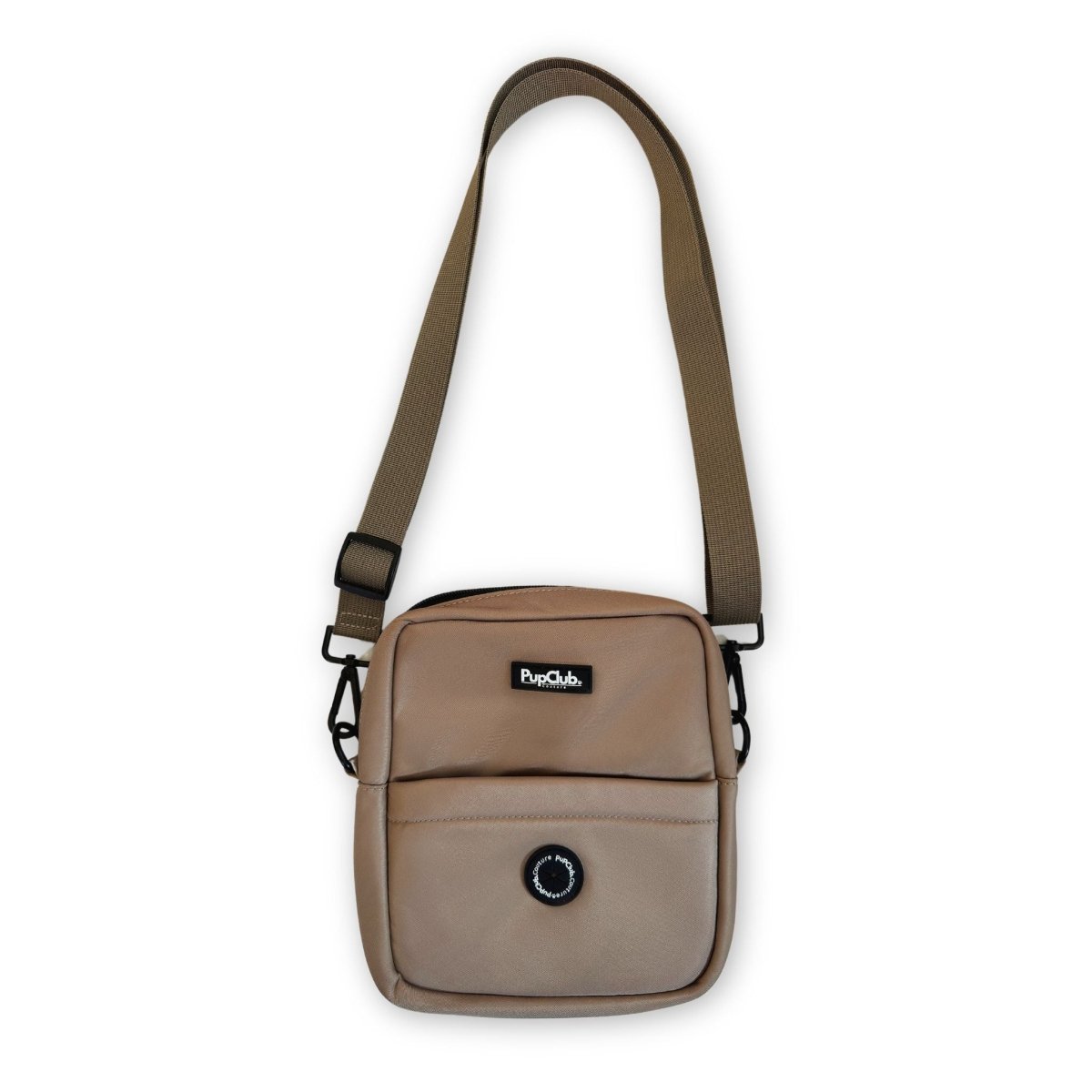 Mini dog walking bag in tan waterproof nylon, crossbody design with zip compartments & poo bag dispenser