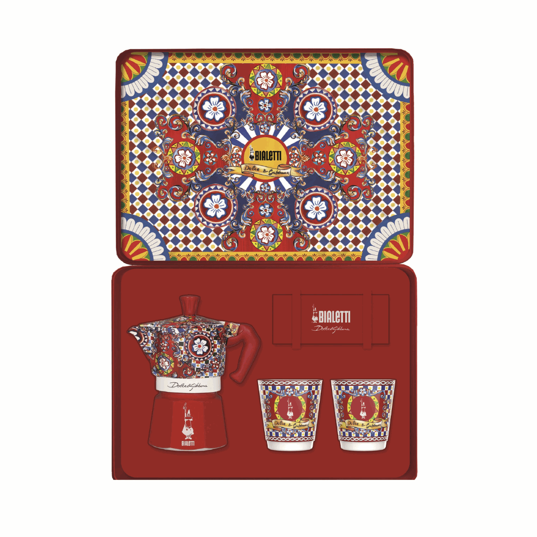 Elegant Bialetti coffee maker paired with Dolce&Gabbana luxury style for sophisticated mornings