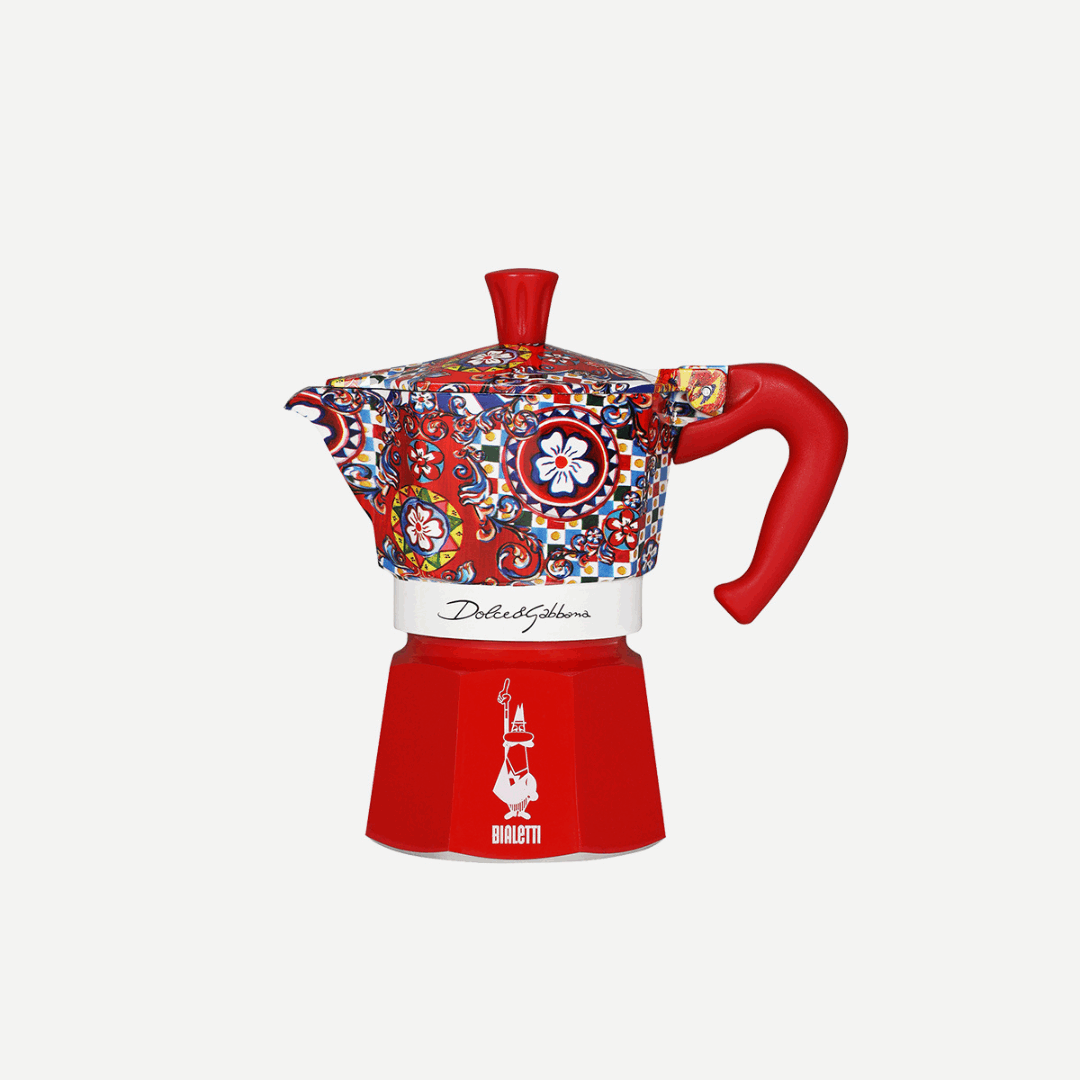 Elegant Bialetti coffee maker paired with Dolce&Gabbana luxury style for sophisticated mornings