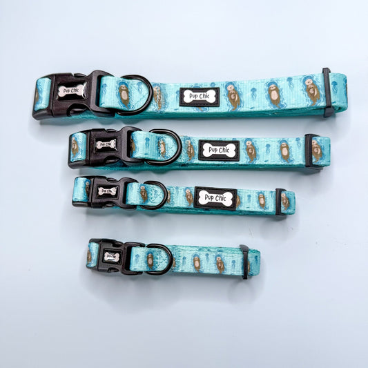 Otterly Lovely dog collar, aqua‑blue with cute otter print, adjustable lightweight design for puppies & small breeds