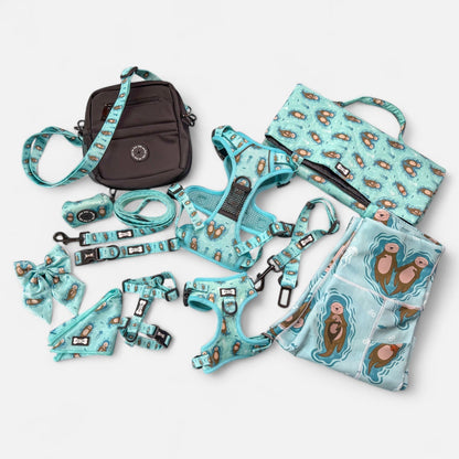 Otterly Lovely aqua tactical dog harness with sea otter print, no‑pull design and top handle