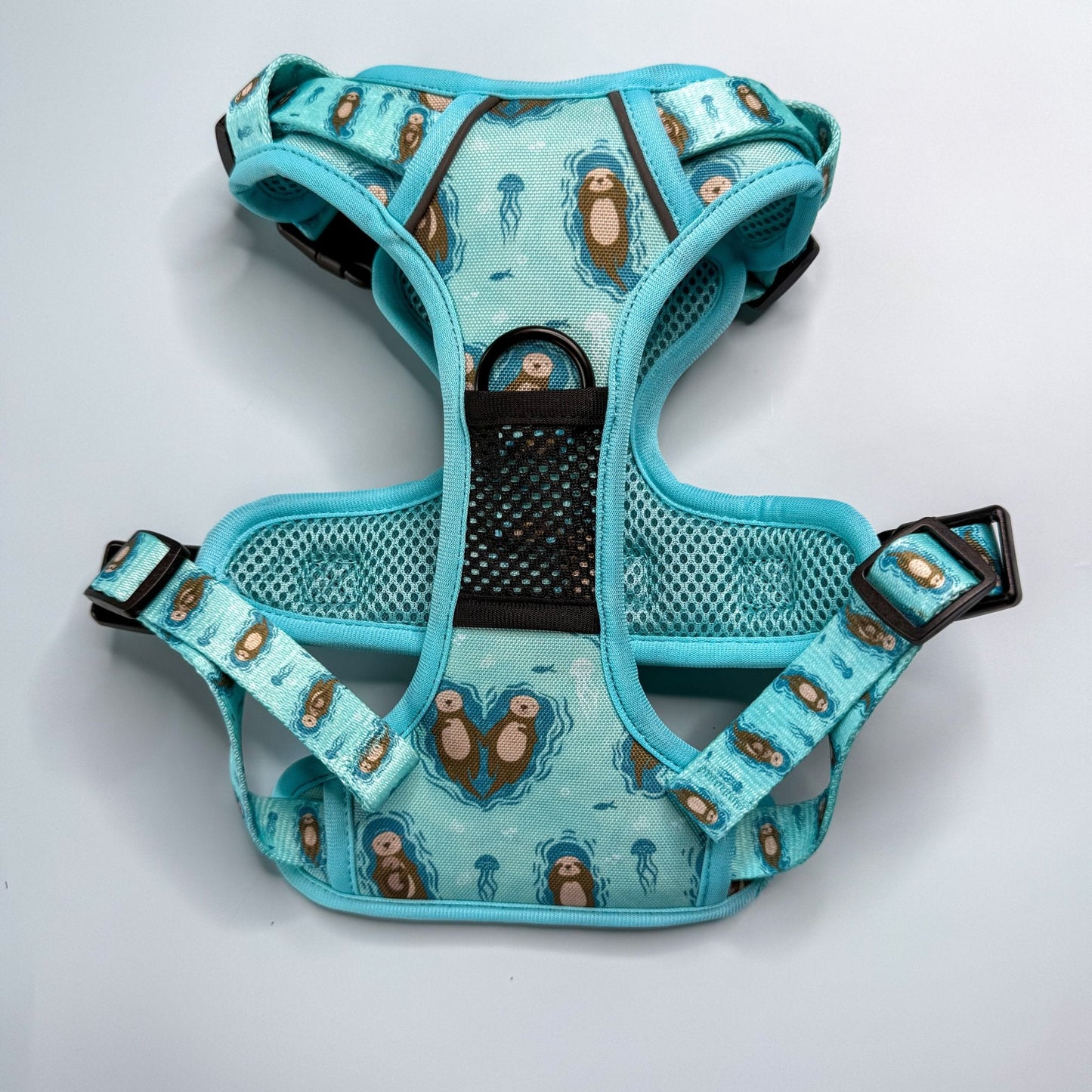 Otterly Lovely aqua tactical dog harness with sea otter print, no‑pull design and top handle
