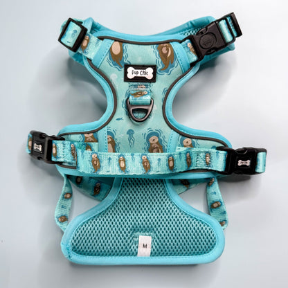Otterly Lovely aqua tactical dog harness with sea otter print, no‑pull design and top handle