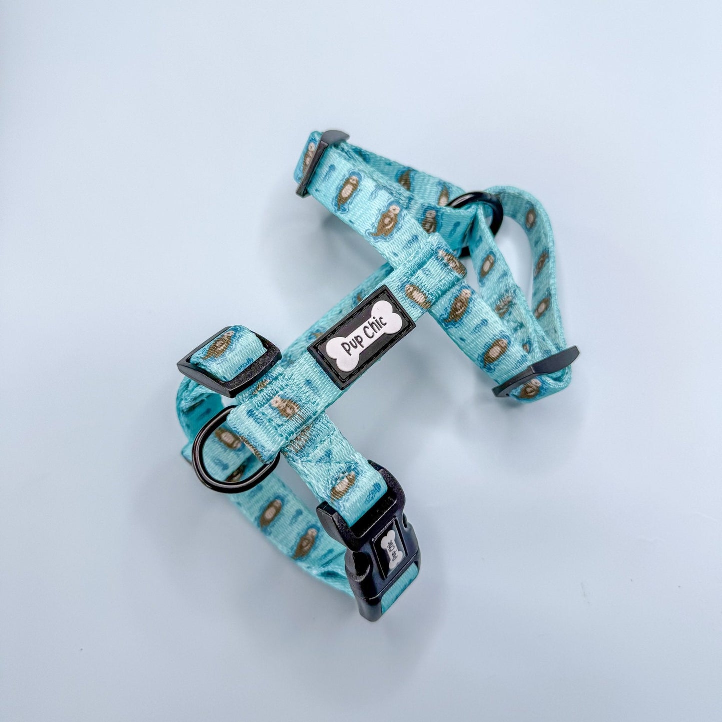 Otterly Lovely XXXS aqua puppy harness with otter print, adjustable straps for teacup dogs, kittens & rabbits