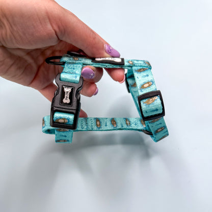 Otterly Lovely XXXS aqua puppy harness with otter print, adjustable straps for teacup dogs, kittens & rabbits