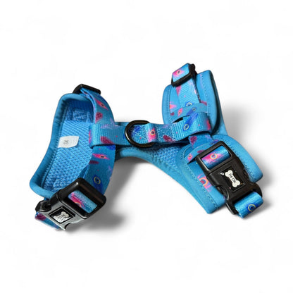 Power Peacock step‑in dog harness in teal with peacock feather print, adjustable neck and chest straps