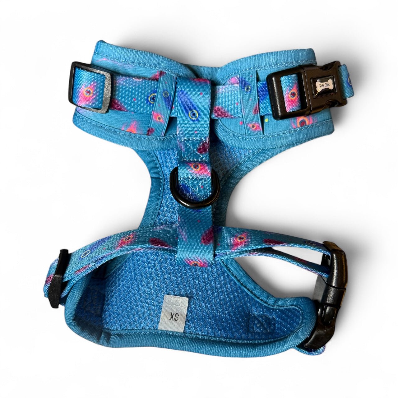 Power Peacock step‑in dog harness in teal with peacock feather print, adjustable neck and chest straps