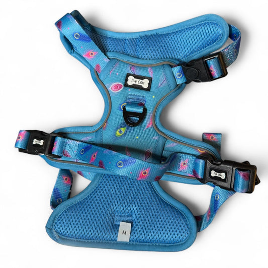 Peacock Power tactical dog harness, teal base with peacock feather print, durable no‑pull design for strong dogs